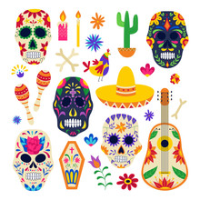 Day Of The Dead Symbol Set - Painted Sugar Skull, Sombrero, Floral Ornaments