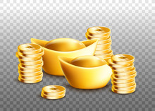 Chinese Ingots And Stacks Of Golden Coins Isolated On Transparent Background