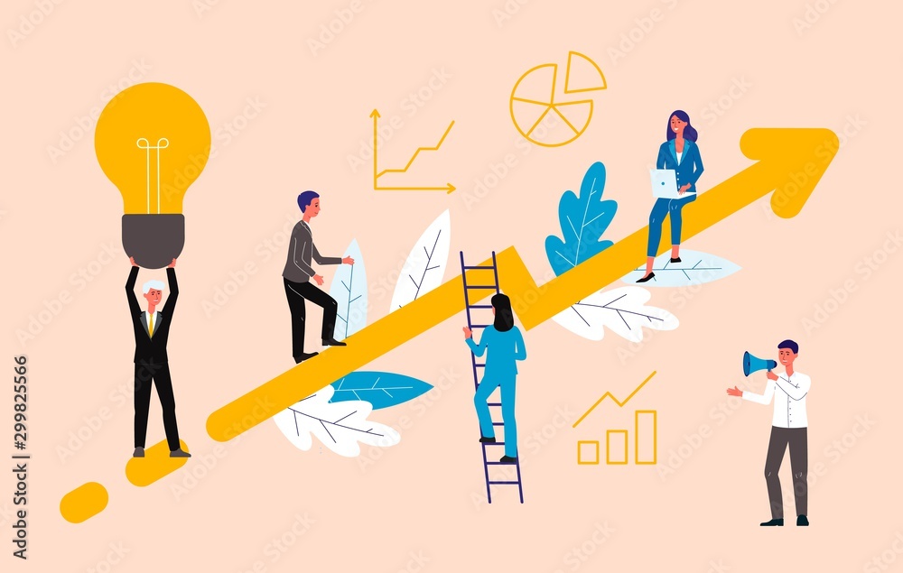 Business coaching concept with people on rising arrow, flat vector illustration. - obrazy, fototapety, plakaty 
