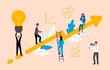 Business coaching concept with people on rising arrow, flat vector illustration.