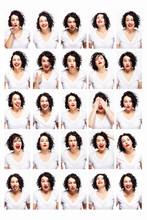 Set Of Emotions Of A Young Beautiful Woman. Bright Brunette With Curly Hair And Red Lipstick. White Background. Vertical.