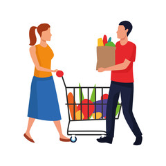 Sticker - man holding a bag and woman with supermarket cart, flat design