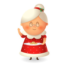 Mrs Claus - Wife Of Santa With Cookies -  Vector Illustration Isolated On Transparent Background