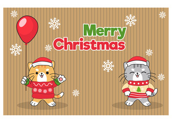 2 cute kawaii cats in ugly sweater, merry christmas, vector