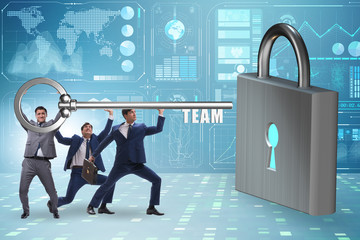 Concept of teamwork with businessmen unlocking lock