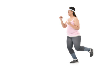 Overweight Asian woman running  isolated on white background.