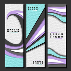 Wall Mural - Vector set of vertical futuristic Banners, 3 layouts for ad leaflets with geometric abstract pattern and copy space for advertising text, design brochures with grey background for presentation.