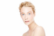 © Damir Khabirov - Skin care treatment or cosmetic ads concept. Beauty woman face with blue eyes and blond hair looking at camera, isolated on white background. Beautiful model girl with perfect clean fresh skin.