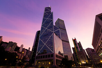 Modern skyscrapers shot with perspective at night