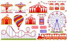 Amusement Park, Circus, Carnival Fair Theme. Vector. Set With Ferris Wheel, Tent, Carousel, Roller Coaster, Air Balloon, Train. Icons Isolated On White Background. Daytime Attraction. Illustration