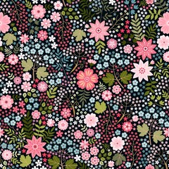 Wall Mural - Lovely ditsy floral pattern. Seamless pattern with flowers, leaves and berries on black background. Fashion print for fabric.