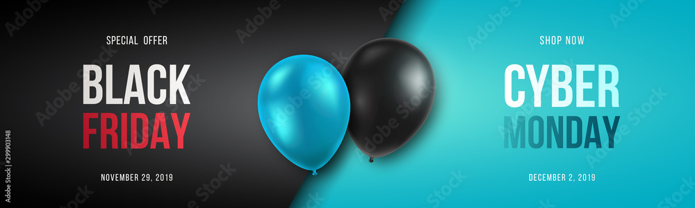 Black Friday and Cyber Monday banner long narrow header for website. 3d black and blue realistic balloons and sale text. Stock vector illustration. - obrazy, fototapety, plakaty 