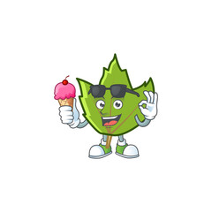 Poster - cartoon green autumn leaves design mascot with ice cream.