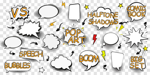 Poster - Boom effect set design for comic book. Comic Book Bang cloud, pow sound symbol, bomb pow. Comic speech bubbles set. Vector illustration for Comics Book , Social Media Banners, Promotional Material