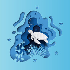 Wall Mural - World oceans day concept, turtle underwater with many beautiful coral, help to protect animal and environment, paper art and craft style, flat-style vector illustration.