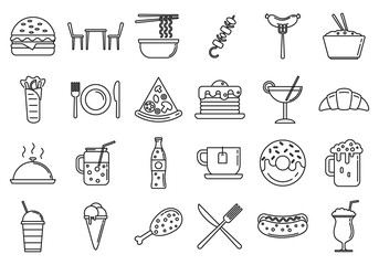 Sticker - Festival food courts icons set. Outline set of festival food courts vector icons for web design isolated on white background