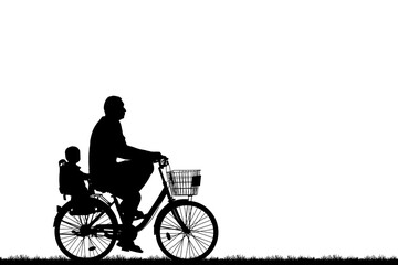 Wall Mural - silhouette father and son ride bike on white background