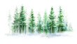 Green landscape of foggy forest, winter hill. Wild nature, frozen, misty, taiga. Winter watercolor background