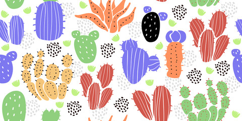 Seamless pattern with cactuses, succulents