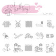 Knitting and crochet line icon set. Knitting needle, hook, hat, sweater, pattern, wool skeins, scissors and cat. Linear signs vector set and logos for yarn or tailor hand made store.