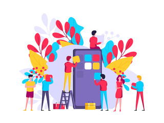 Poster - Mobile application development concept illustration with teamwork programmers and mobile phone