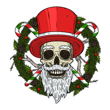 Skull Of Santa Claus On The Background Of A Christmas Wreath And Crossed Candies. Santa Claus Skull. Cartoon Skull.