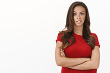 Skeptical Picky European Female In Red T-shirt Cross Arms Defensive, Smirk And Stare Disapleased, Express Scorn And Disbelief, Not Buying On Boyfriend Promises, Stand White Background