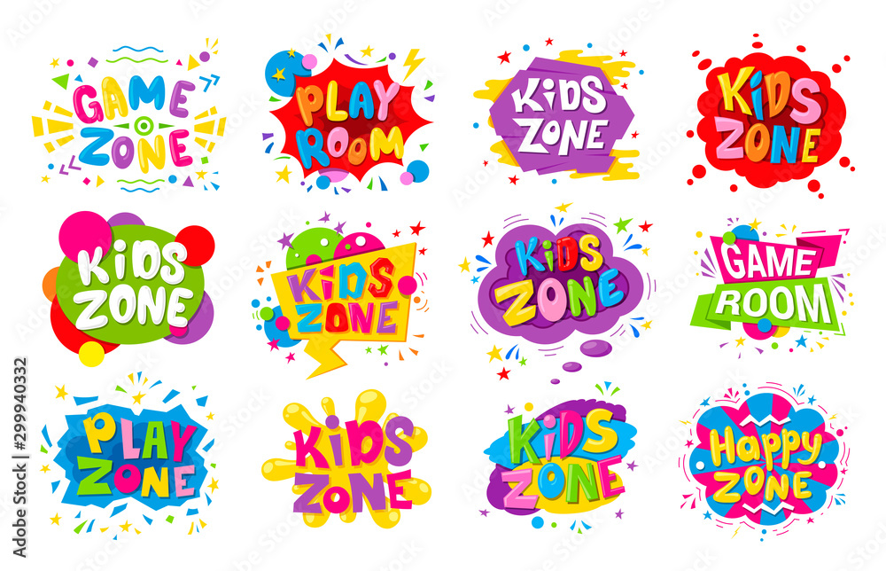 Kids zone emblem colorful cartoon illustrations set - obrazy, fototapety, plakaty 
