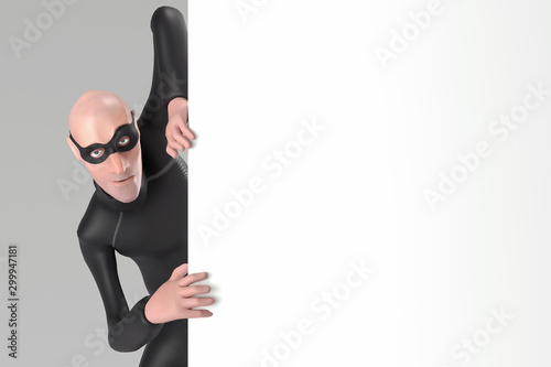 Cuadros en Lienzo Character fraudster John Scammer in mask look around the corner with empty space