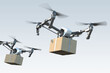 Modern realistic drone quadcopters delivering package to buyer via air. 3d rendering