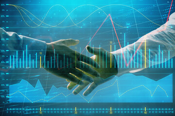 Multi exposure of forex graph on abstract background with two businessmen handshake. Concept of success on stock market