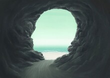 Surreal Spiritual And Freedom Concept, Human Head Cave  With The Sea, Fantasy Painting