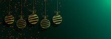Green Merry Christmas Banner With Creative Golden Balls