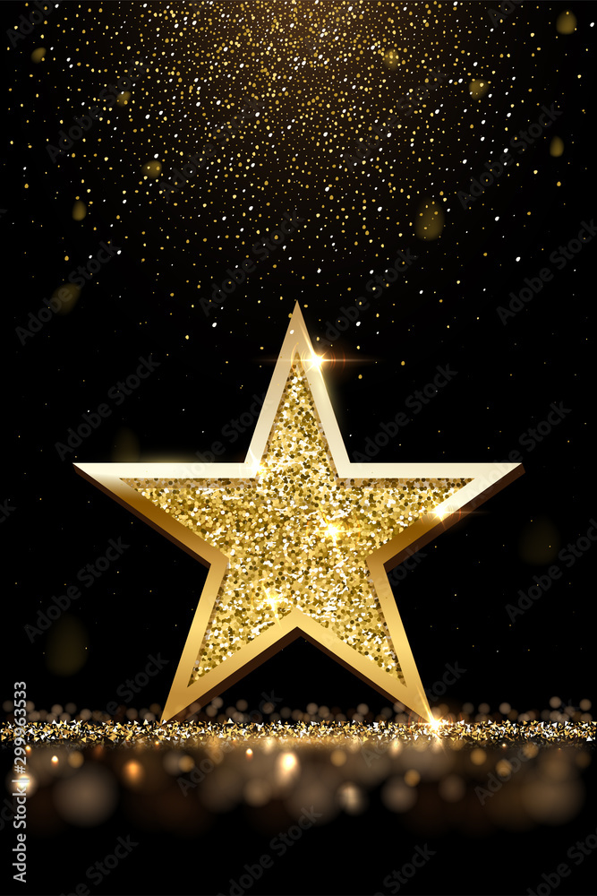 Golden sparkling star isolated on dark vertical luxury background. Vector design element. - obrazy, fototapety, plakaty 