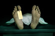 © TheVisualsYouNeed - Male human body lying dead at morgue with blank identity label and covered with sheet . Close-up foot of man cadaver with identification toe tag in death concept