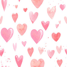 Seamless Pattern On A White Background, Watercolor Illustration, Hand Drawing, Heart Doodles, Valentines Day