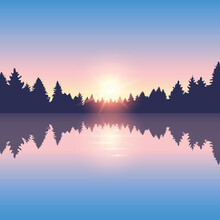 Beautiful Lake And Pine Forest Nature Landscape Vector Illustration EPS10