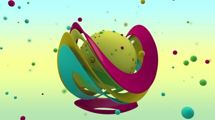 Poster - 3D animation of many curved rings moving around a large sphere with small pulsating colored balls. 4K animation for banners, abstract screensavers, desktop.