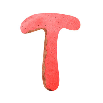 Watercolor letter T in the form of a Christmas gingerbread. Isolated over a white background.