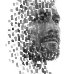 Paintography. Double exposure of an attractive male model combined with hand drawn paintings of repetitive brushstrokes which resemble boxes, black and white