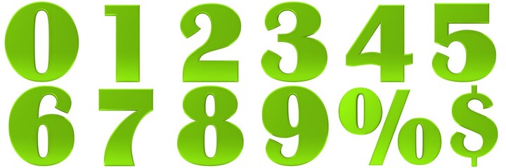 Wall Mural - percent sign percentage symbol interest rate green 3d numbers 0 1 2 3 4 5 6 7 8 9 dollar sign zero one two three four five six seven eight nine graphic sale discount template price off set