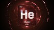 3D illustration of Heliumn as Element 2 of the Periodic Table. Red illuminated atom design background with orbiting electrons. Design shows name, atomic weight and element number