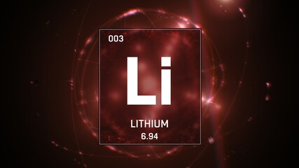 3D illustration of Lithium as Element 3 of the Periodic Table. Red illuminated atom design background with orbiting electrons. Design shows name, atomic weight and element number