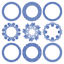 Vector Set Of Round Blue Frames In Traditional And Modern Greek Style