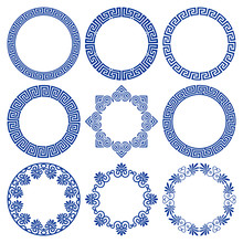 Vector Set Of Circle Blue Frames In Traditional And Modern Greek Style