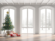 Classical Empty Room Decorate With Christmas Tree 3d Render,The Room Has Wooden Floors And White Wooden Ceilings Decorated With Pine Trees And Gift Boxes.The Arched Windows Look Out To The Snow Scene.