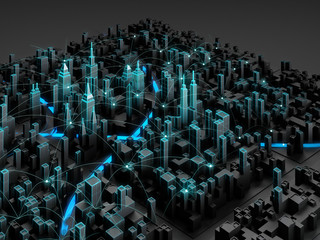 Wall Mural - Perspective view of night cityscape with wireless connection line. Smart city technology. 