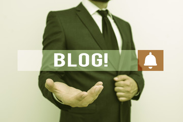 Aufkleber - Word writing text Blog. Business photo showcasing regularly updated website web page run by individual Male human with beard wear formal working suit clothes raising one hand up