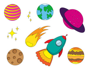 Wall Mural - Vector icons of cartoon rocket ship and planets.