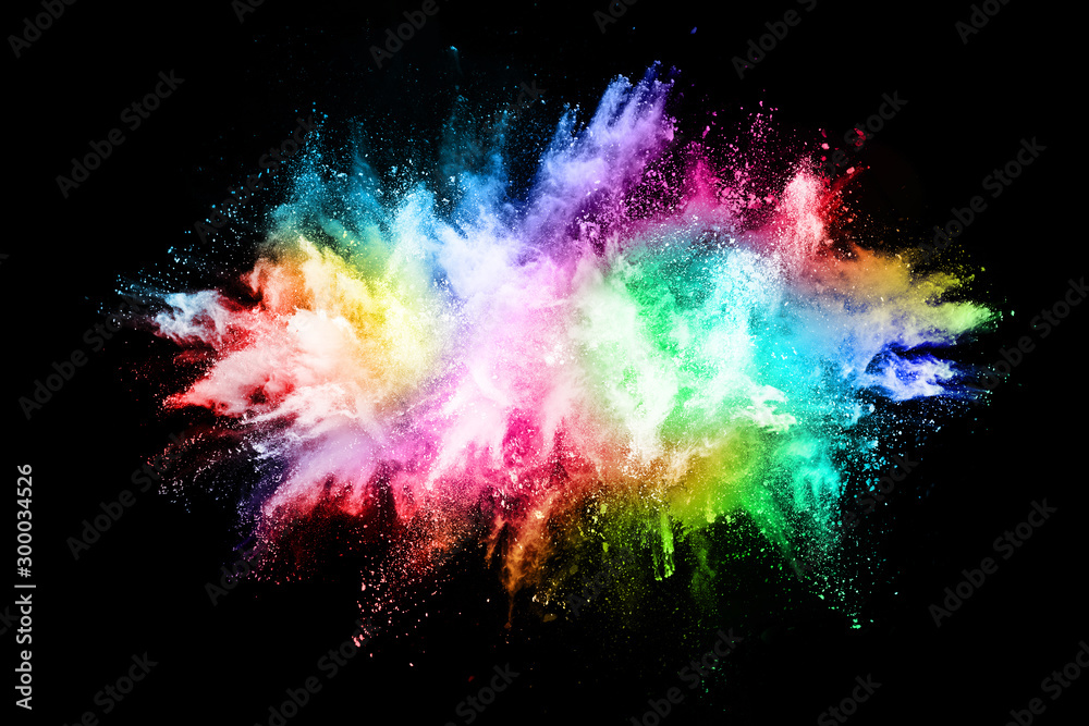 Eploding Powder abstract colored dust explosion on a black background.abstract powder ...